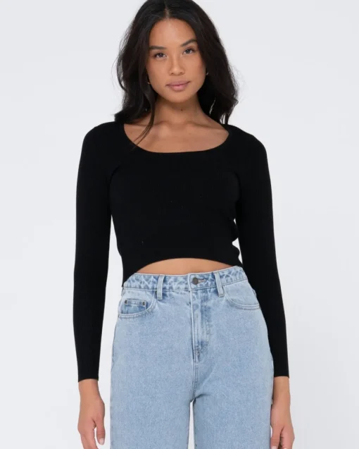 Rusty Charis Low Neckline Long Sleeve Knit Top | Womens Fashion Tops