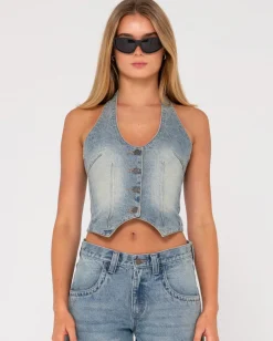 Rusty Flip Mommy Halter Neck Denim Vest | Womens Fashion Tops