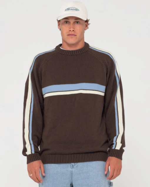 Rusty White Lines Crew Neck Knit Sweater | Mens Knitwear